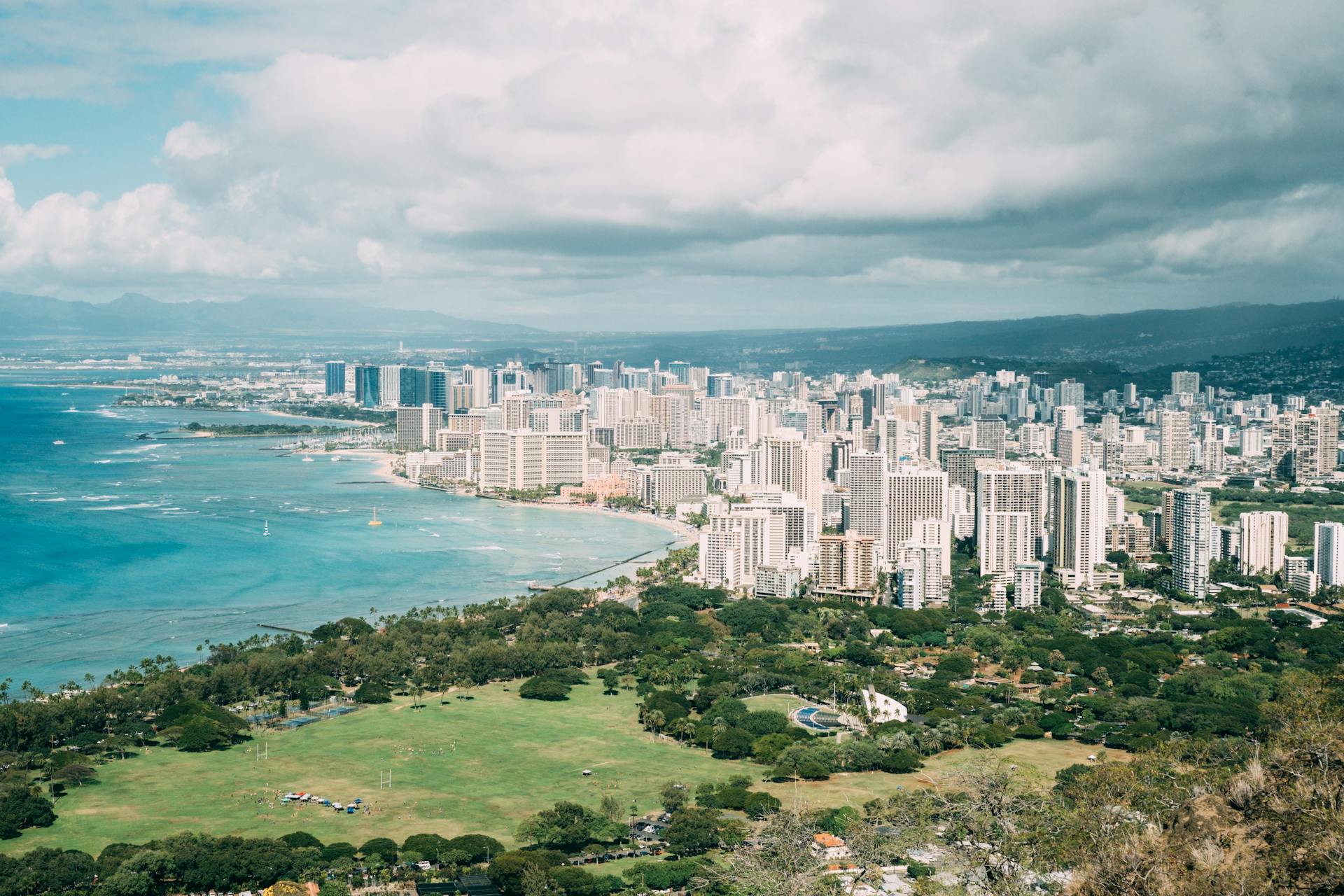 Buildings by a beach